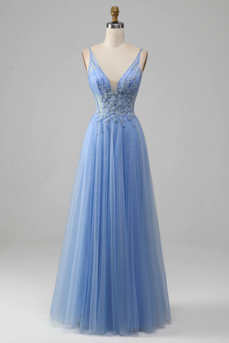 Prom Dress,light Blue A-line V Neck Tulle Prom Dress With Appliques