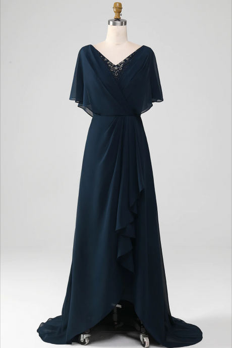 Prom Dress,navy A-line V-neck Asymmetrical Sequins Mother Of The Bride Dress With Beading