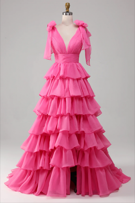 Prom Dress,princess A-line V-neck Fuchsia Prom Dress With Slit