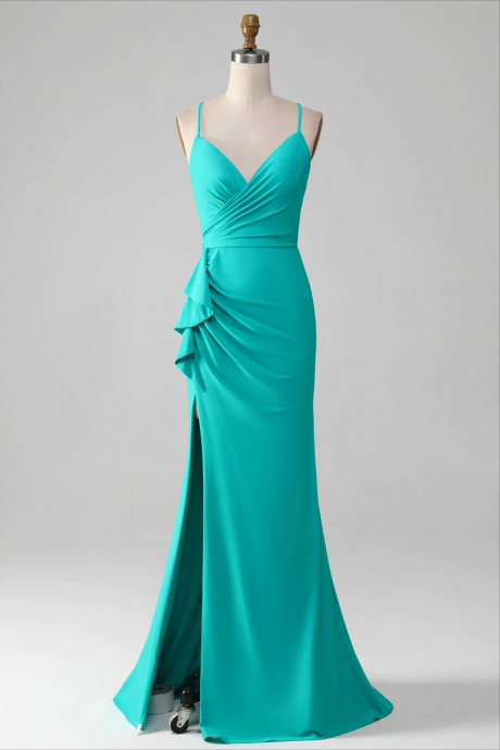Prom Dress,turquoise V-neck Spaghetti Straps Open Back Mermaid Pleated Prom Dress
