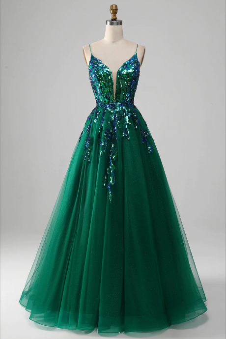 Prom Dress,tulle Spaghetti Straps Dark Green Prom Dress With Sequins