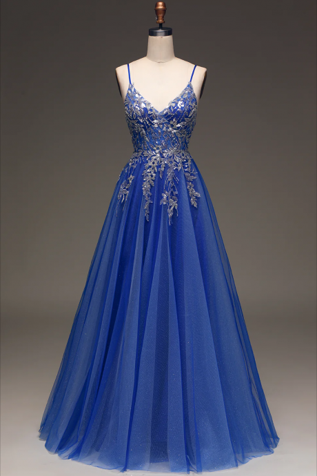 Prom Dress,a-line Sequins Royal Blue Prom Dress With Appliques