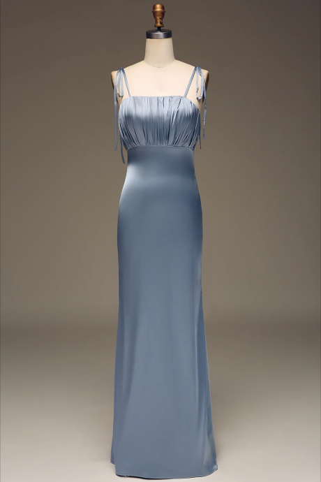 Prom Dress,dusty Blue Spaghetti Straps Sheath Satin Pleated Bridesmaid Dress