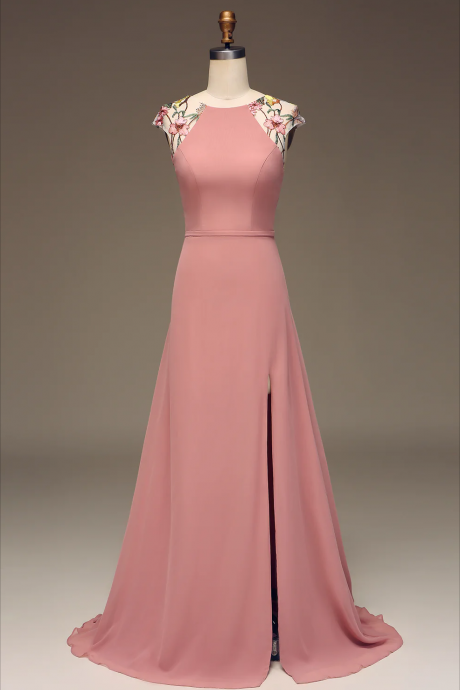 Prom Dress,dusty Rose A-line Chiffon And Embroidery Maxi Bridesmaid Dress