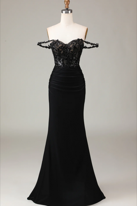 Prom Dress,off The Shoulder Black Sparkly Mermaid Prom Dress