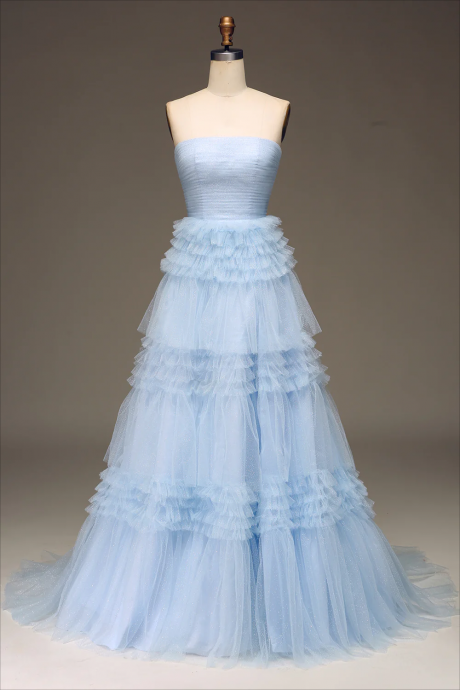 Prom Dress,tulle Light Blue Tiered Prom Dress With Slit