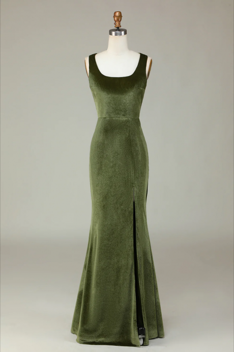 Prom Dress,velvet Mermaid Olive Bridesmaid Dress With Slit