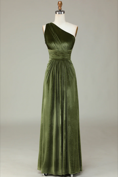 Prom Dress,velvet One Shoulder Olive Bridesmaid Dress