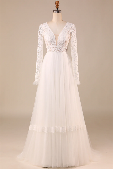 Prom Dress,ivory Long Sleeves Tulle A-line Wedding Dress With Lace