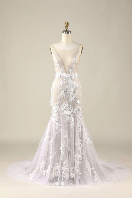 Prom Dress,ivory Mermaid Illusion Boat Neck Lace Wedding Dress
