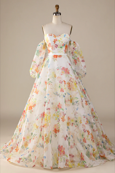 Prom Dress,ivory Floral A-line Sweep Train Wedding Dress With Sleeves