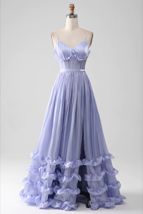 Prom Dress,lavender Spaghetti Straps A Line Ruffles Prom Dress With Slit