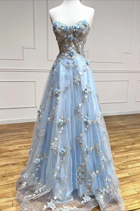 Prom Dress,blue Elegant Sexy Wedding Party Dress A-line Strapless Celebrity Dress Appliques Lace Special Occasion Dress