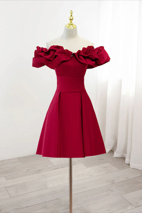 Homecoming Dresses,burgundy A-line Off Shoulder Satin Short Prom Dress, Burgundy Homecoming Dress