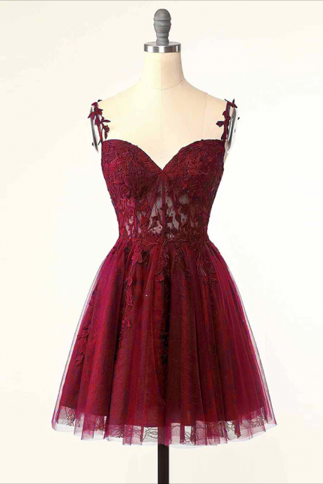 Homecoming Dresses,burgundy A-line Tulle Lace Short Prom Dress, Cute Burgundy Homecoming Dress