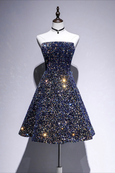 Homecoming Dresses,dark Blue A-line Sequin Lace Short Prom Dress, Blue Homecoming Dress