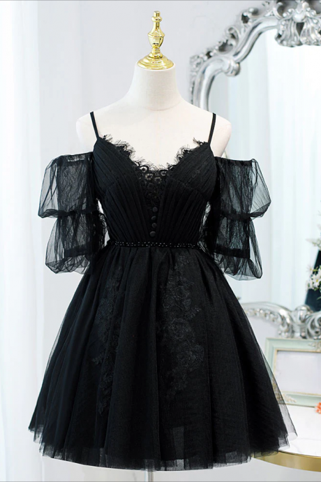 Homecoming Dresses,black A Line V Neck Lace Shortmini Prom Dress, Black Puffy Homecoming Dresses
