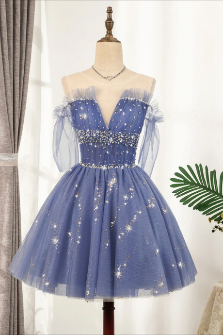Homecoming Dresses,blue Tulle Sequin Short Prom Dress, Puffy Blue Homecoming Dress