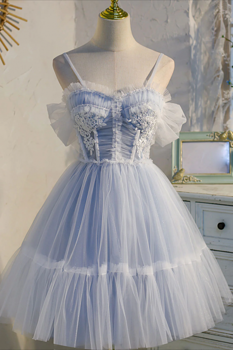 Homecoming Dresses,blue Sweetheart Neck Tulle Lace Short Prom Dress Blue Puffy Homecoming Dress