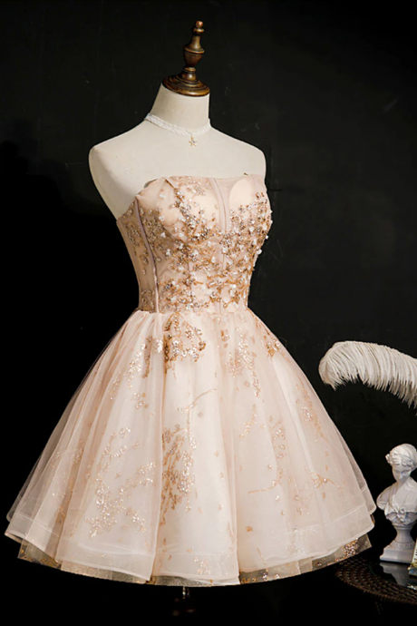 Homecoming Dresses,champagne Tulle Lace Short Prom Dress, Puffy Champagne Homecoming Dress