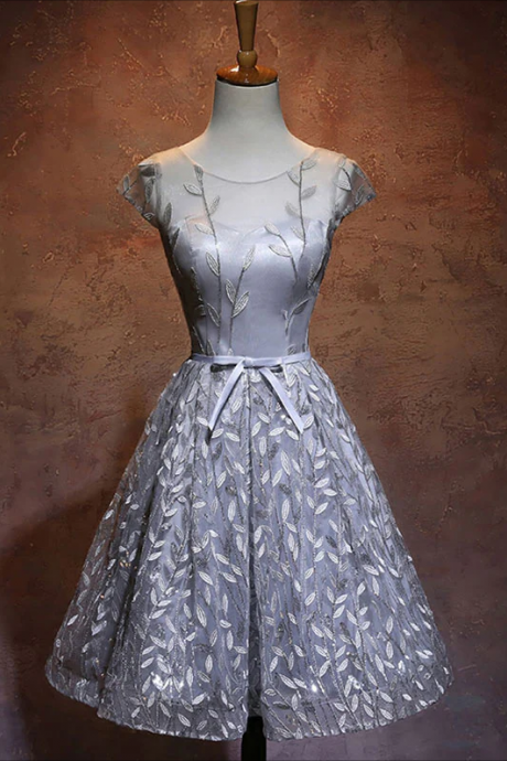 Homecoming Dresses,gray Round Neck Lace Short Prom Dress,cute Homecoming Dress