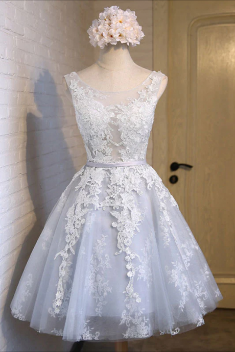 Homecoming Dresses,gray Tulle Lace Applique Short Prom Dress, Gray Homecoming Dresses