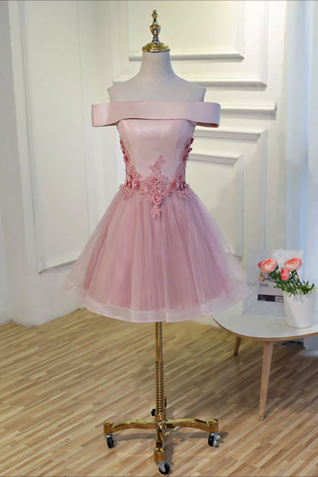 Homecoming Dresses,pink A Line Off Shoulder Knee Length Prom Dress, Lace Homecoming Dresses