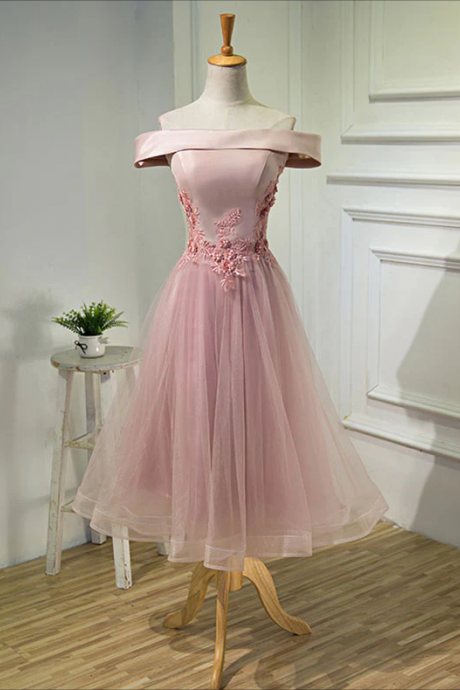 Homecoming Dresses,pink A Line Off Shoulder Tea Length Prom Dress, Lace Homecoming Dresses