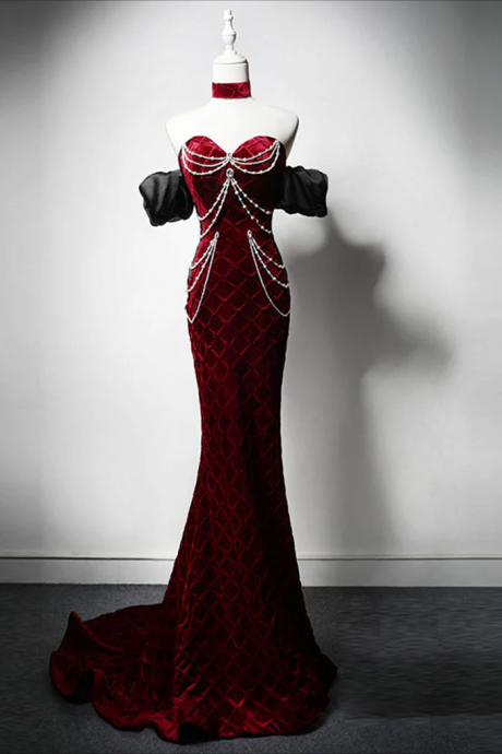 Prom Dress,mermaid Sweetheart Neck Velvet Burgundy Long Prom Dress With Beads