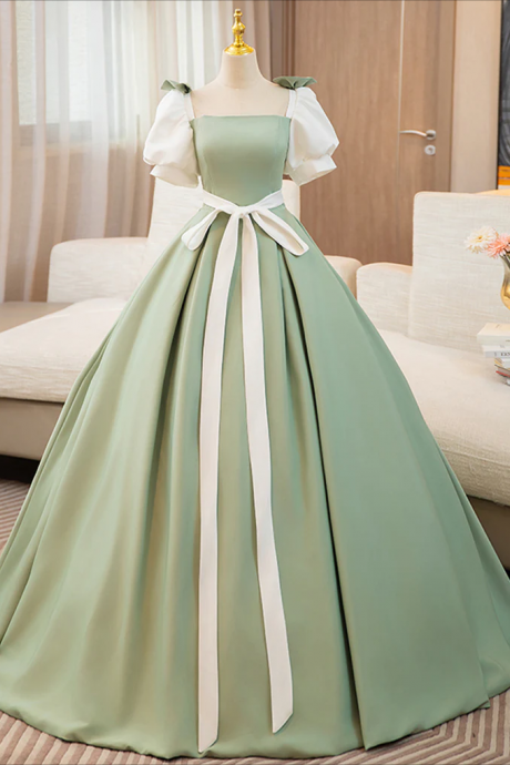 Prom Dress,puff Sleeves A-line Satin Greenwhite Long Prom Dress, Green Long Formal Dress
