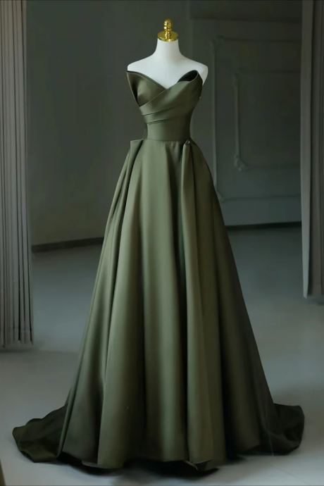 Prom Dress,a-line V Neck Satin Green Long Prom Dress, Green Long Evening Dress