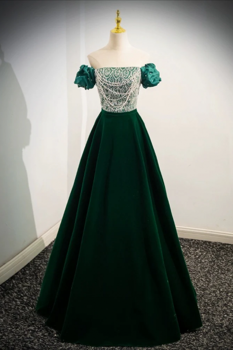 Prom Dress,a-line Velvet Sequin Beads Green Long Prom Dress, Velvet Green Long Formal Dress