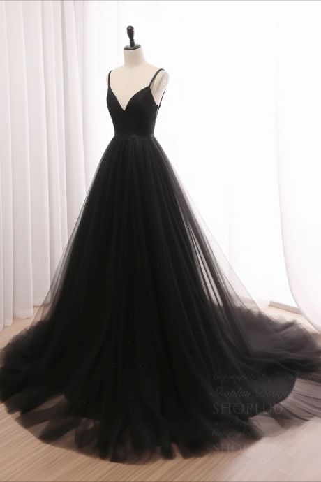 Prom Dress,a-line V Neck Tulle Black Long Prom Dress, Black Long Formal Dress