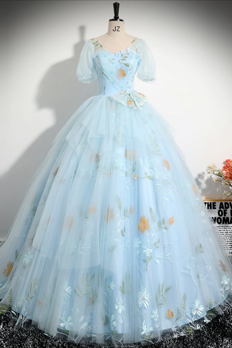 Prom Dress,a-line V Neck Tulle Lace Blue Long Prom Dress, Blue Lace Long Formal Dress