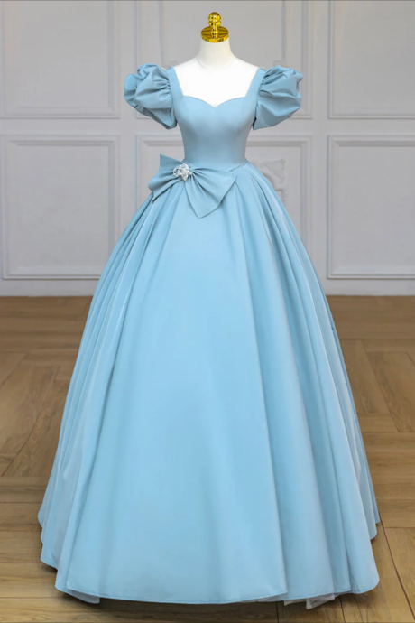 Prom Dress,blue Satin Puff Sleeves Long Prom Gown, Blue Long Sweet 16 Dress