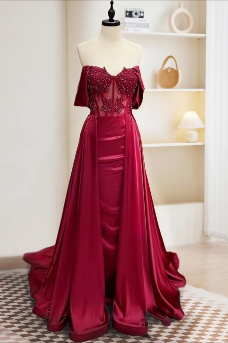 Prom Dress,burgundy A-line Off Shoulder Satin Lace Long Prom Dress, Burgundy Long Formal Dress