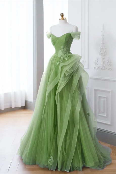 Prom Dress,green A-line Off Shoulder Long Prom Dress, Green Lace Long Evening Dress