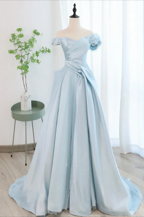 Prom Dress,a-line Off Shoulder Satin Tulle Blue Long Prom Dress, Blue Long Formal Dress