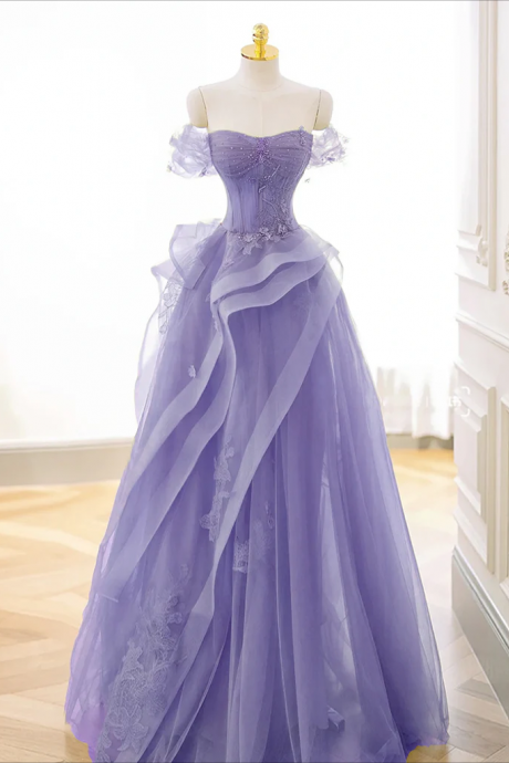 Prom Dress,a-line Off Shoulder Tulle Lace Purple Long Prom Dress, Purple Lace Long Formal Dress