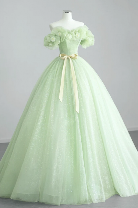 Prom Dress,a-line Off Shoulder Tulle Green Long Prom Dress, Green Sweet Dress