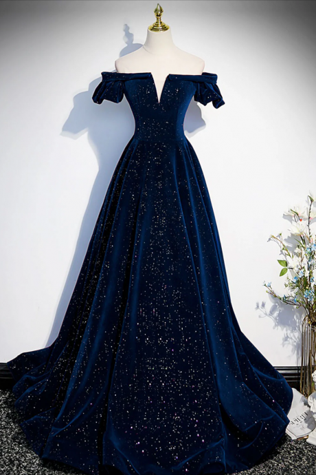 Prom Dress,a-line Off Shoulder Velvet Dark Blue Long Prom Dress, Dark Blue Long Formal Dress