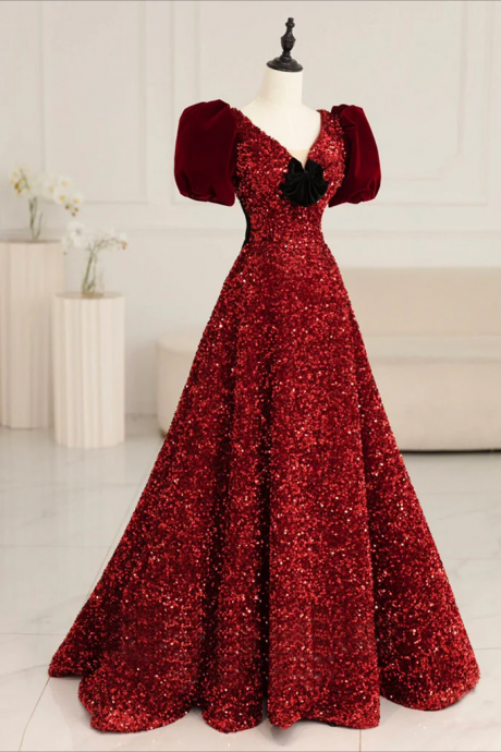Prom Dress,burgundy V Neck Sequin Long Prom Dress, Burgundy Evening Dress