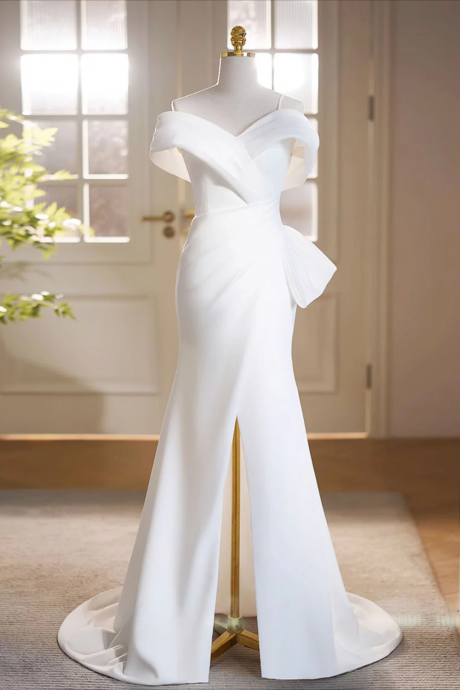 Prom Dress,white Off Shoulder Satin Long Prom Dress, White Formal Dress
