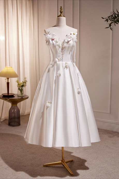 Prom Dress,white V Neck Satin Tea Length Prom Dress, White Formal Dress With Beading
