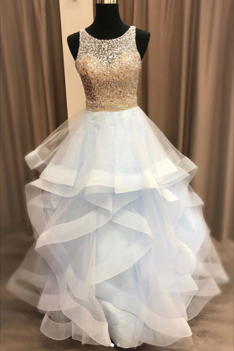 BLUE ROUND NECK TULLE SEQUIN LONG PROM DRESS, BLUE EVENING DRESS gh2206