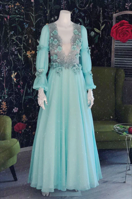 Unique Green V Neck Backless Evening Dress,A Line Long Prom Dress Y8467