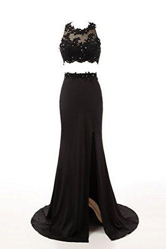 Beaded Prom Dresses,Beading Prom Dress,Black Prom Gown,2 Pieces Prom Gowns,Elegant Evening Dress,Split Evening Gowns,2 Piece Evening Gowns,Mermaid Lace Prom Dress