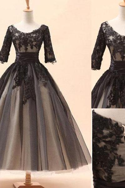 Lace Prom Dresses,ankel Length Evening Dress,half Sleeves Prom Dress,tulle Prom Dress,charming Prom Gown,sexy Prom Dress,black Prom Gown,modest