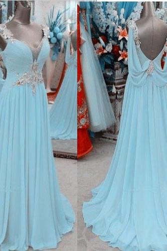 Light Sky Blue Prom Dresses,chiffon Prom Gowns,backless Prom Dresses,2016 Party Dresses,long Prom Gown,princess Prom Dress,sparkly Evening