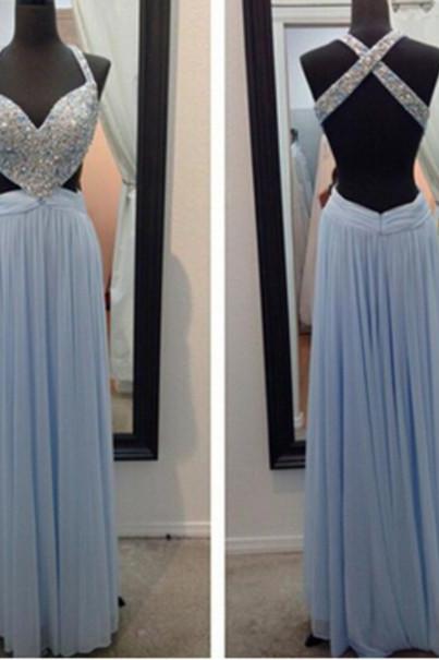 Blue Prom Dresses,sparkly Prom Dress,straps Prom Gown,backless Prom Dresses,a Line Evening Gowns,2016 Evening Gown,beaded Formal Dress,open Back